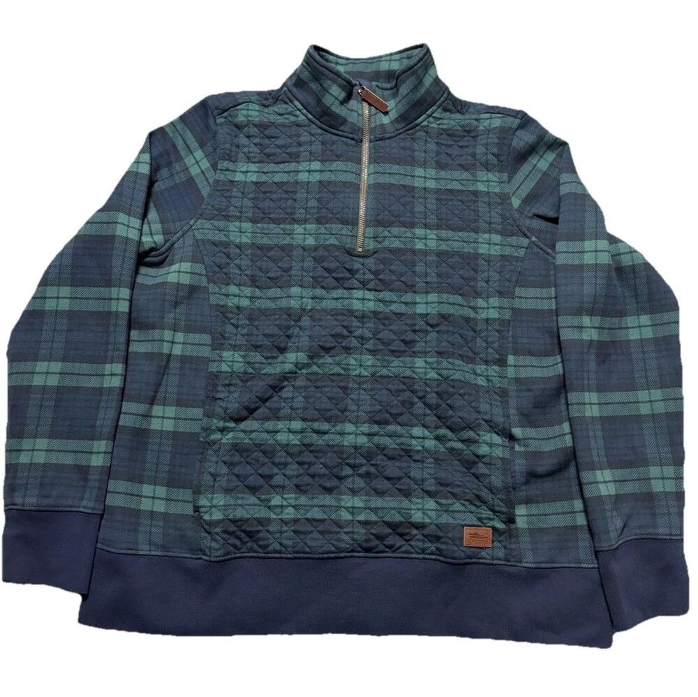 L.L. Bean Quilted 1/4 Zip Pullover Mens L Black Watch Tartan Plaid Green Navy